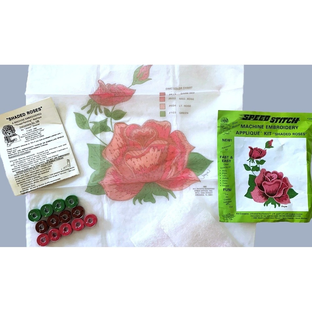 Machine Embroidery Applique Kit SHADED PNK ROSES w Thread Spools Vtg 1979